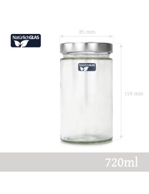 NatürlichGLAS® Einmachgläser mit silbernem Schraubdeckel 6x 720 ml Set Schraubgläser mit Deckel Vorratsdosen aus Glas, Ø 82 mm