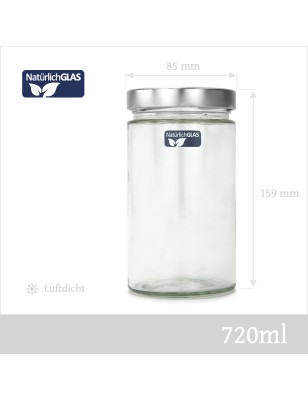 NatürlichGLAS® Einmachgläser mit silbernem Schraubdeckel 6x 720 ml Set Schraubgläser mit Deckel Vorratsdosen aus Glas, Ø 82 mm