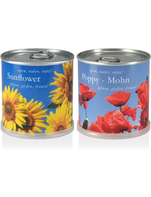 MacFlowers® | Kleines Anzuchtset mit Sonnenblumen und Mohnblumen | Geschenk Set  in süßen instant Blumendosen