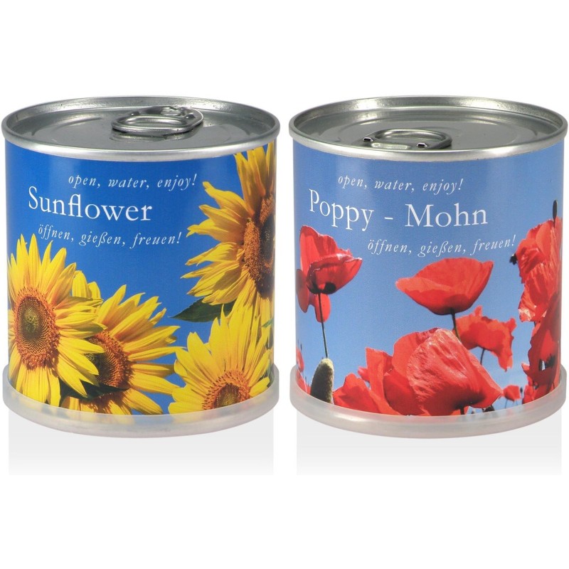 MacFlowers® | Kleines Anzuchtset mit Sonnenblumen und Mohnblumen | Geschenk Set  in süßen instant Blumendosen